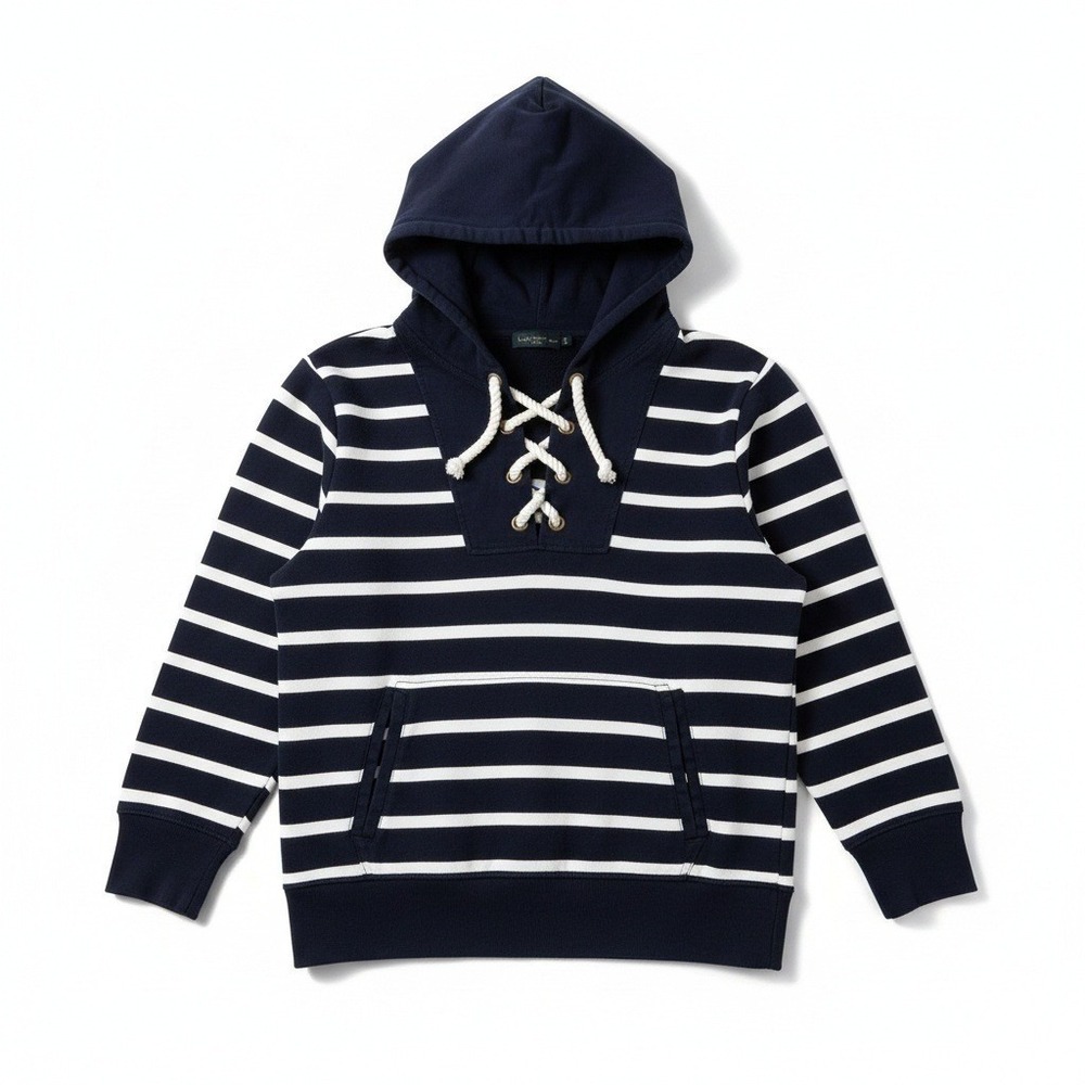 Lauren Ralph Lauren Hoodie L Navy White Striped Lace Up Nautical Preppy‎